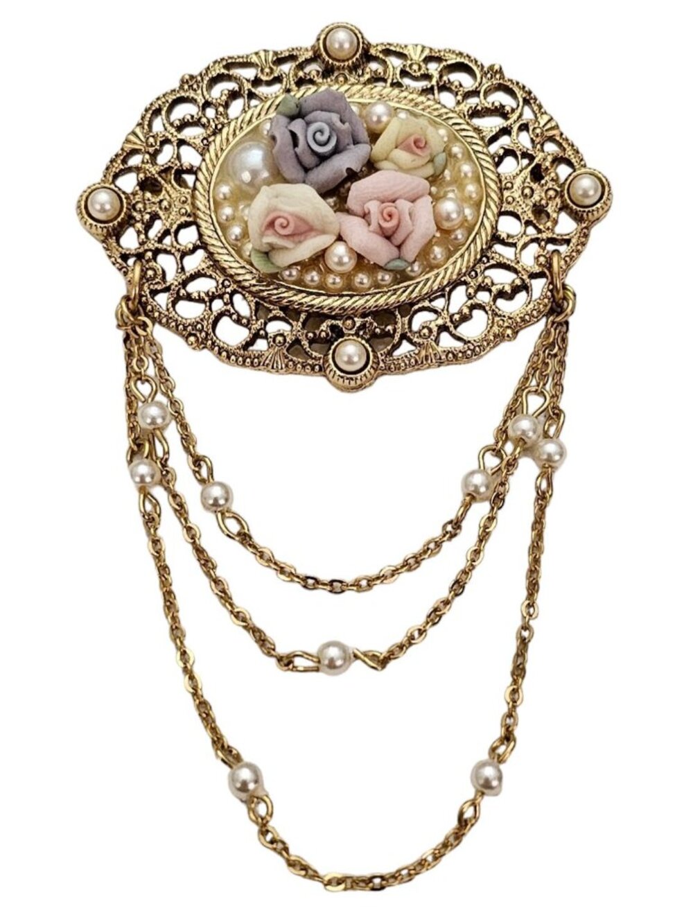 1928 Brand Porcelain Rose Victorian Style Chatelaine Chain Filigree Brooch, L409